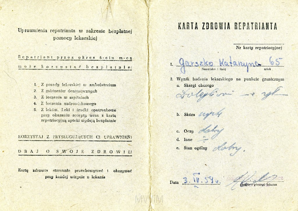 KKE 5891.jpg - Dok. Karta Zdrowia Repatrianta wystawiona dla Katarzyny Graszko, 3 IV 1959 r.